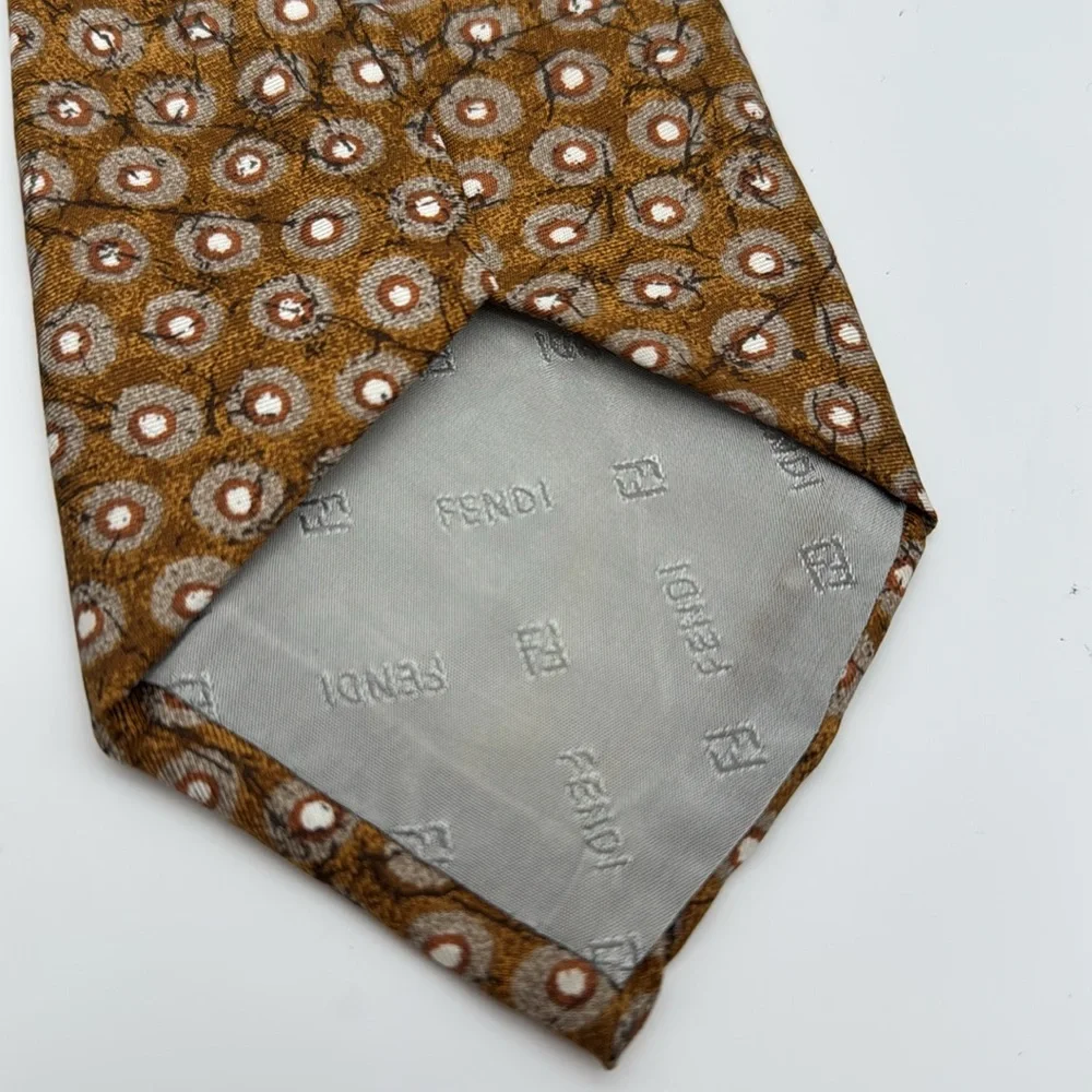 Fendi Brown and White Silk Tie with‎ Geometric Pattern